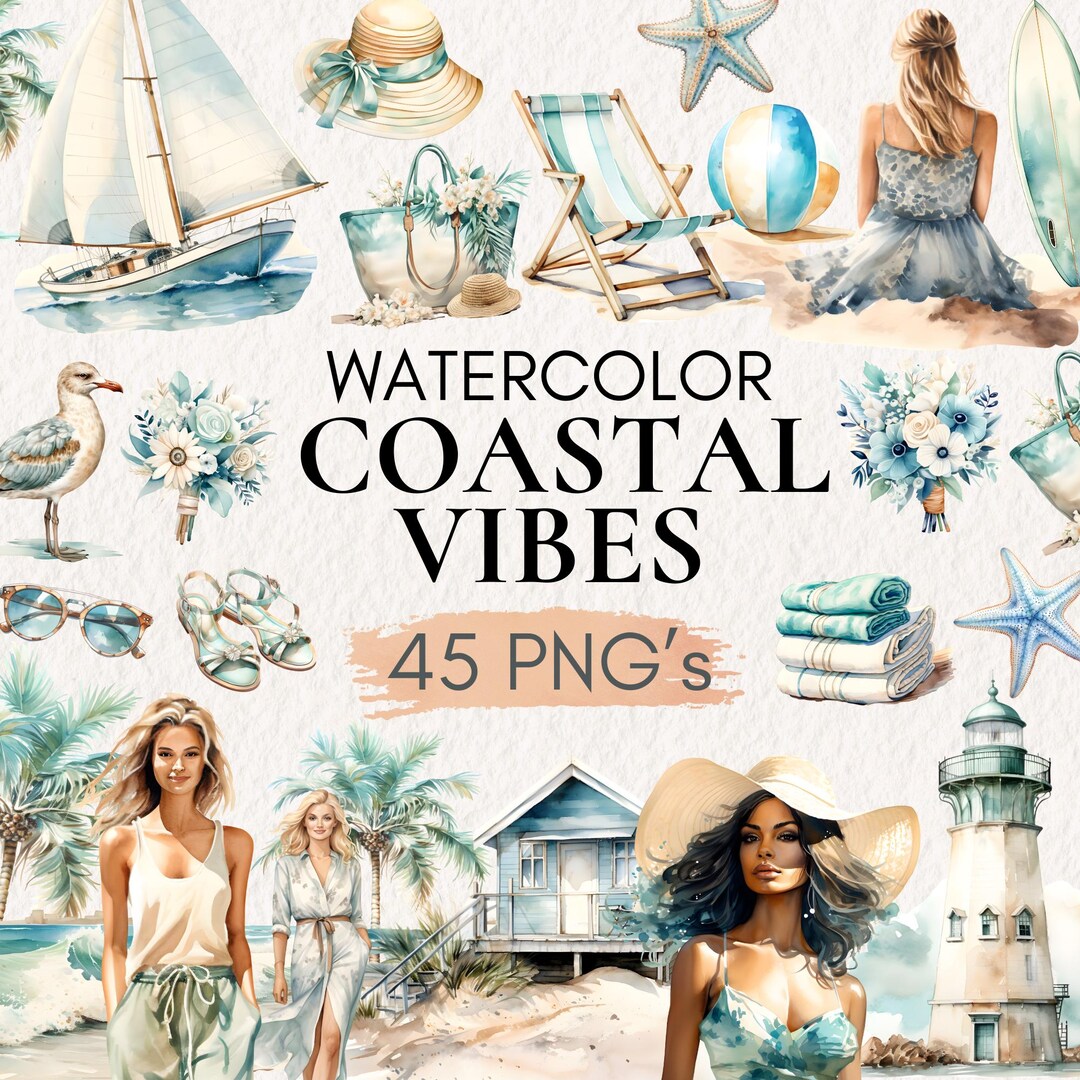Watercolor Coastal Vibes Clipart Bundle | Beach Summer PNG Set With ...