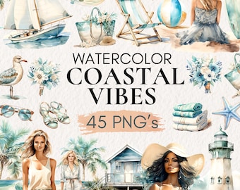 Watercolor Coastal Vibes Clipart Bundle | Beach Summer PNG Set With ...