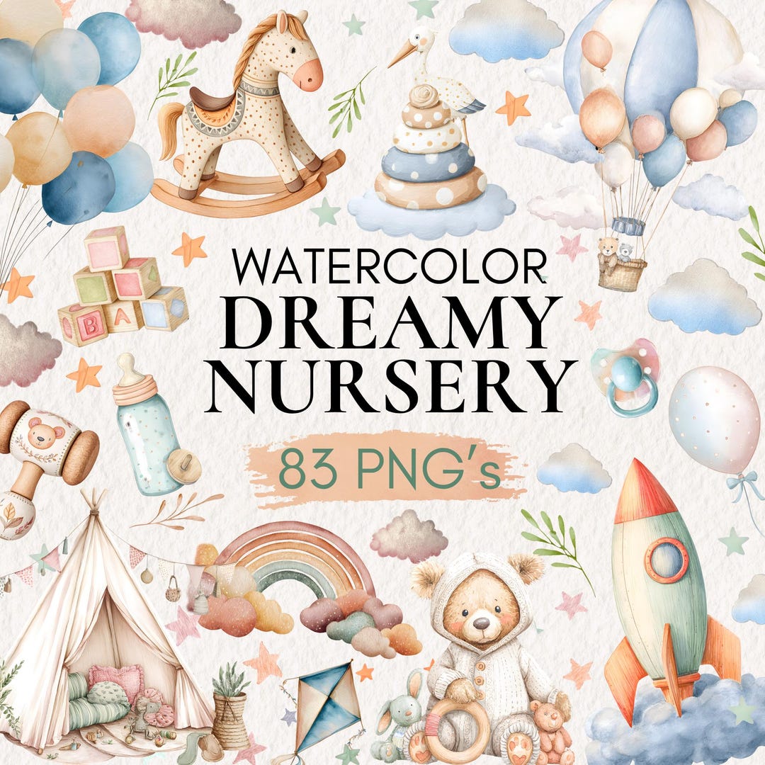 Watercolor Nursery Clipart, Boho Baby Shower PNG Bundle (83 Files) - Etsy