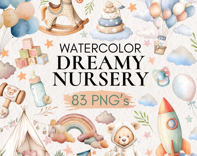 Watercolor Nursery Clipart, Boho Baby Shower PNG Bundle (83 Files) - Etsy