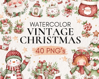 May include: Watercolor illustrations of vintage Christmas elements. The image features Santa Claus, a snowman, an angel, and a sleigh filled with gifts. Other elements include ornaments, wreaths, and a Christmas tree. The text reads "Watercolor Vintage Christmas" and "40 PNG's".