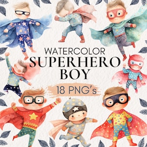 Superheld Kinder Clipart, Aquarell Superheld Clipart, Kinderzimmer Kunst, Wanddekoration, Junge Held, Geburtstag, Baby Held, Superhelden, digitaler Download