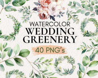 Aquarel bruiloft groen clipart, boho bloemenkransen (PNG)