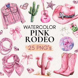 Puede incluir: Ilustraciones de acuarela de artículos con temática de rodeo rosa, que incluyen un sombrero de vaquero, botas, un cactus, una guitarra, una bola de discoteca, un lazo, un pañuelo y una chaqueta vaquera. El texto "WATERCOLOR PINK RODEO 25 PNG's" también está incluido.