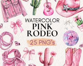 Coastal Cowgirl Clipart - Trendy Pink Rodeo PNG Graphics Set | Whimsical Western Boots, Disco Ball, Cactus Cutouts