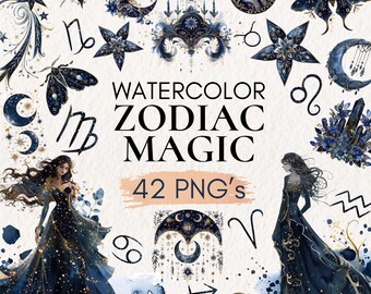 Clipart Celestial em Aquarela | Pacote de Clipart Mágico do Zodíaco em Aquarela | Lua, Estrelas e Signos Astrológicos em PNG | Arte Cósmica Azul Mística