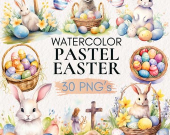Watercolor Pastel Easter Clipart, Bunny Eggs (30 PNG)