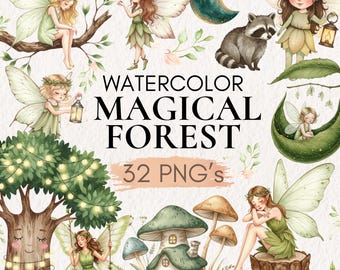 Imágenes prediseñadas de hadas del bosque en acuarela, jardín mágico PNG (descarga digital)