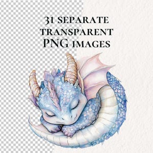 May include: A watercolor illustration of a sleeping blue and purple dragon curled up with its tail around its body. The dragon has closed eyes and a pink wing.