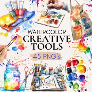 Watercolor Creative Tools Clipart, Art Supplies Clip Art, Paint brushes PNG, Artist Decor, Artist Tools, Paint Brush, Drawing Supplies