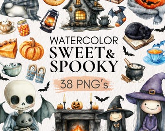 Watercolor Halloween Clipart, Spooky Skeletons, Black Cat PNG (38 Files)