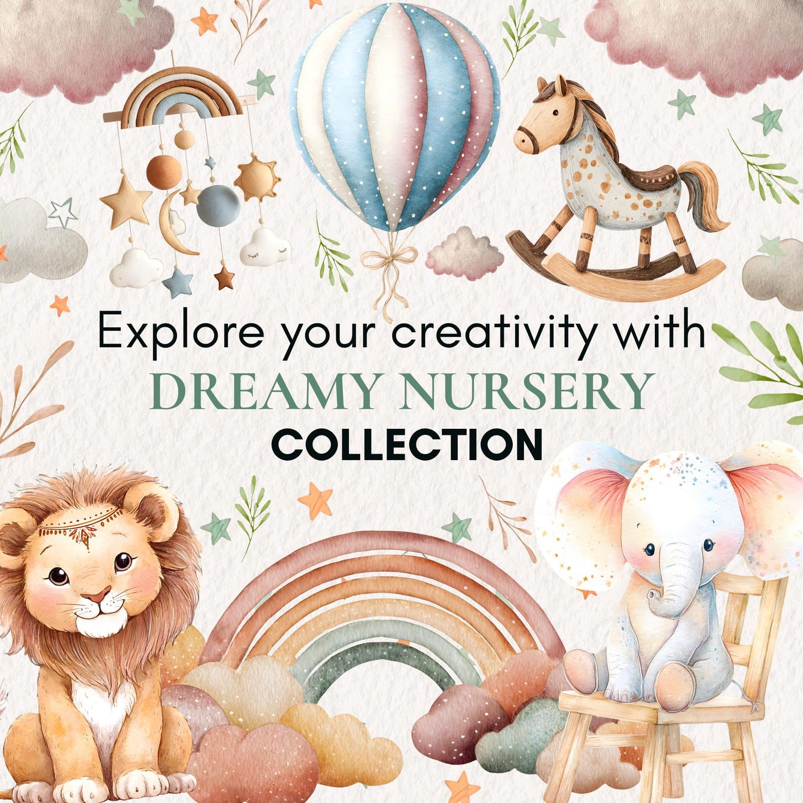 Watercolor Nursery Clipart, Boho Baby Shower PNG Bundle (83 Files) - Etsy