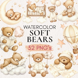 May include: Watercolor illustrations of soft teddy bears in various poses, including sleeping on a cloud, reading a book, and riding a swing. The image includes the text "Watercolor Soft Bears" and "32 PNG's". The bears are in pajamas and are surrounded by stars and clouds.