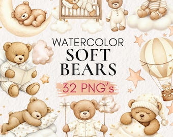 Puede incluir: Ilustraciones de acuarela de ositos de peluche suaves en varias poses, incluyendo dormir en una nube, leer un libro y columpiarse. La imagen incluye el texto "Watercolor Soft Bears" y "32 PNG's". Los osos están en pijama y rodeados de estrellas.