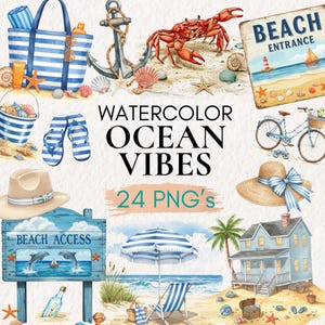 Puede incluir: Ilustraciones en acuarela de elementos de playa, incluyendo un bolso a rayas, un ancla, un cangrejo, conchas marinas y letreros de playa. El texto "Watercolor Ocean Vibes" y "24 PNG's" también es visible. La paleta de colores incluye azul, blanco y beige.