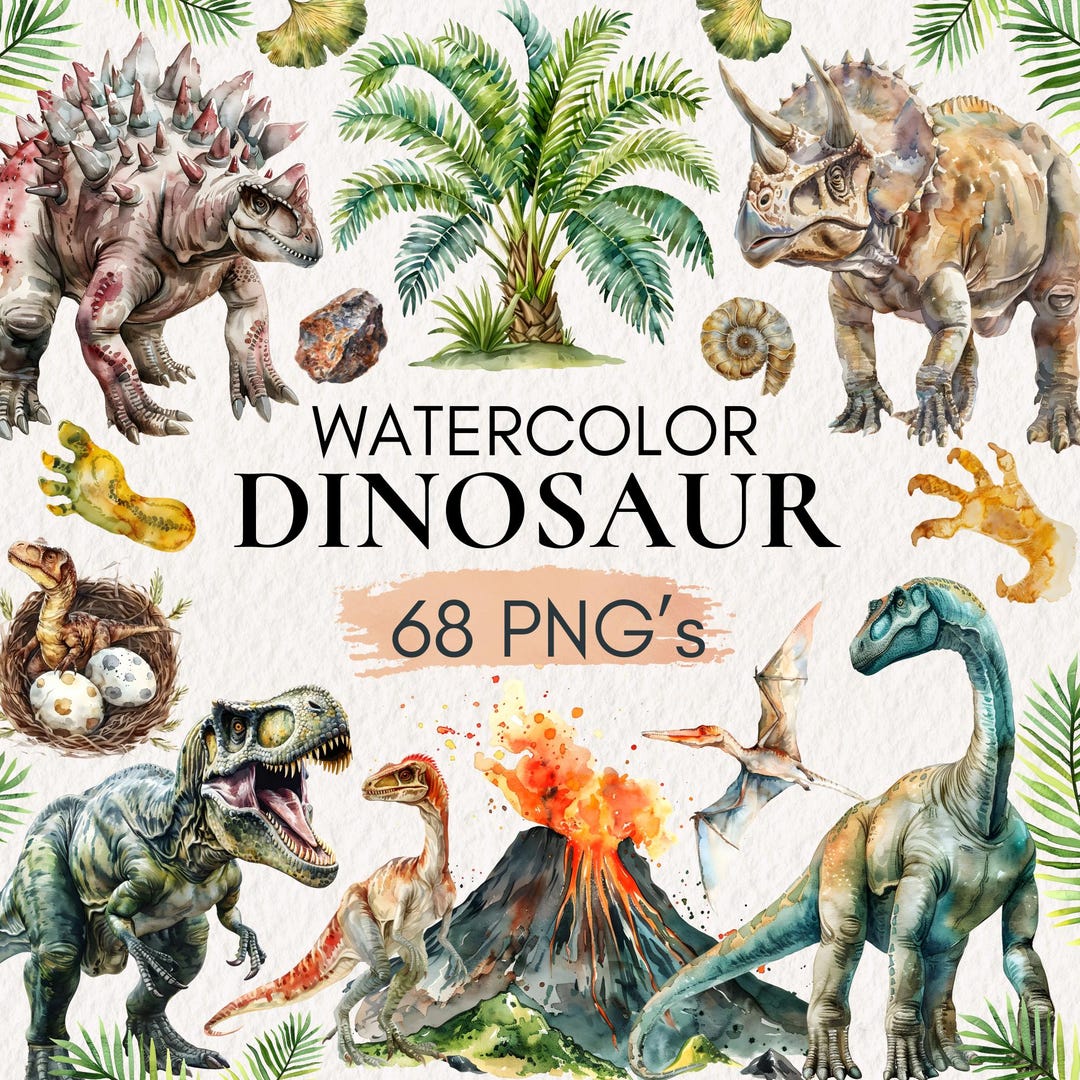 Watercolor Dinosaurs Clipart, Dino Clip Art, Dinosaur Birthday Party ...