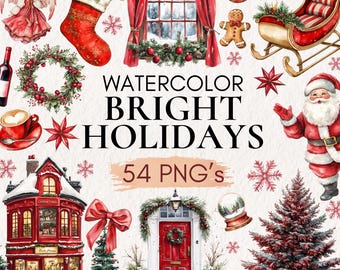 Watercolor Christmas Clipart | Bright Holiday PNG Elements (Digital Download)