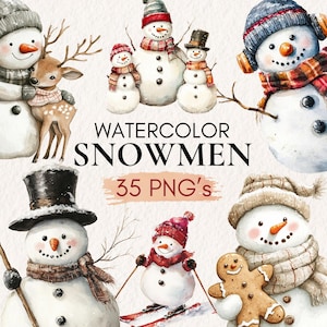 Imágenes prediseñadas de muñecos de nieve lindos de acuarela, imágenes prediseñadas de Navidad, imágenes prediseñadas de muñeco de nieve, familia de muñecos de nieve, imágenes prediseñadas de invierno, PNG de muñeco de nieve, descarga instantánea