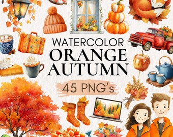 Clipart autunnale ad acquerello, grafica di zucca arancione (download digitale PNG)