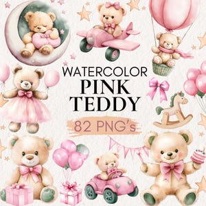 Różowy Miś Clipart, Miś z Balonami PNG, Śpiący Miś PNG, Dziewczynka Baby Shower Clipart, Miś Do Przedszkola, Akwarela Słodki Miś Clipart