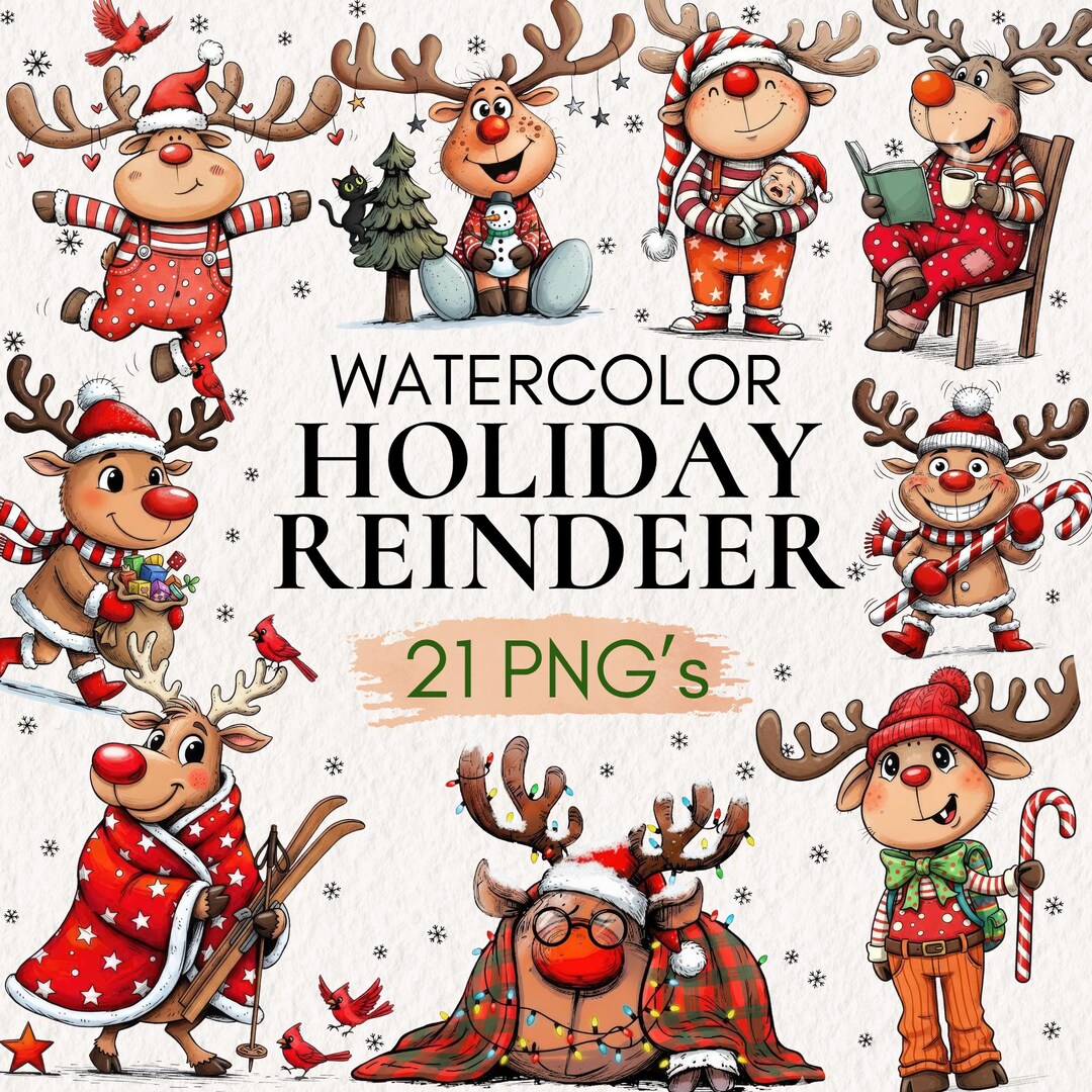 Watercolor Reindeer Clipart | Funny Christmas PNG Set (digital Download ...