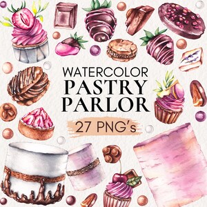 以下が含まれることがあります： 水彩イラスト。カップケーキ、チョコレートがけイチゴ、マカロン、ケーキなど、さまざまなペストリーが描かれています。画像には「WATERCOLOR PASTRY PARLOR」と「27 PNG's」というテキストが含まれています。カラーパレットはピンク、ブラウン、ホワイトが中心です。