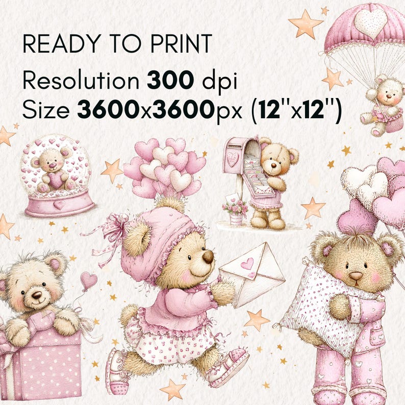 Watercolor Teddy Love Clipart Bundle | Cute Pink Teddy Bears Hearts PNG ...