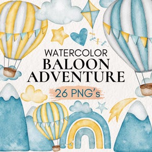 Watercolor Hot Air Balloon Clipart Bundle, Pastel Balloon PNG Set, Nursery Decor, Baby Shower Invitations, Watercolor hot air balloons