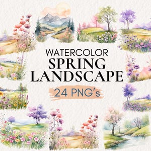 Clipart aquarelle paysages de printemps, illustrations de scènes forestières, art de la nature printanier, clipart prairie florale, scènes de printemps, paysage