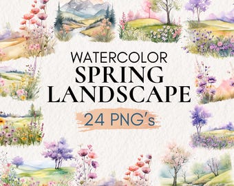水彩画風の春の風景クリップアート、花咲く草原のイラスト（PNG形式）