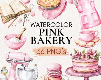 Clipart di pasticceria rosa ad acquerello, grafica PNG per pasticceria (download digitale)
