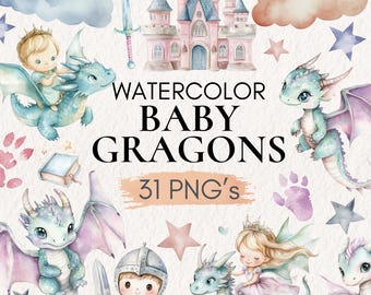 Watercolor Baby Dragons Clipart, Cute Dragon Clipart, Little Kingdom Castle, Kids party, Cute Dragon PNG, Fairy Tale Clipart, Dragon Nursery