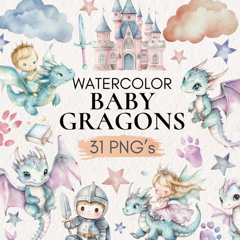 Watercolor Baby Dragons Clipart, Fairy Tale Nursery (31 PNG) image 1