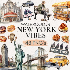 Paquete de imágenes prediseñadas de la ciudad de Nueva York en acuarela, horizonte y lugares emblemáticos de la ciudad de Nueva York PNG, imágenes prediseñadas de viajes a Nueva York, imágenes prediseñadas de la ciudad de Nueva York, elementos estadounidenses PNG