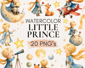Watercolor Little Prince Storybook Celestial PNG Clipart Set | Cute Fairy Tale Boy Graphics | Galaxy Nursery Decor Fox Rose Illustrations