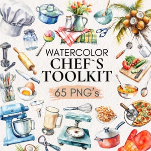 Puede incluir: Ilustración en acuarela de un kit de herramientas de chef con varias herramientas e ingredientes de cocina. Incluye un gorro de chef, ollas, una batidora, una balanza y una pizza. También se ve el texto "Watercolor Chef's Toolkit" y "65 PNG's".