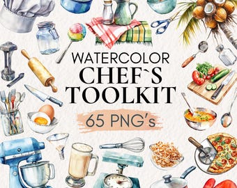 May include: Watercolor illustration of a chef's toolkit with various kitchen tools and ingredients. Includes a chef's hat, pots, a mixer, a scale, and a pizza. The text "Watercolor Chef's Toolkit" and "65 PNG's" are also visible.