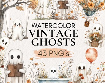 Watercolor Vintage Ghosts Clipart, Floral Halloween Art (43 PNGs)