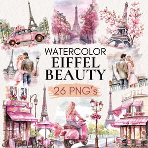 Aquarell Paris Clipart Bundle, Eiffelturm Clip Art, Romantisches Paris PNG, Stadt der Liebe, French Chic, Pariser Kunst, Digitale Planer