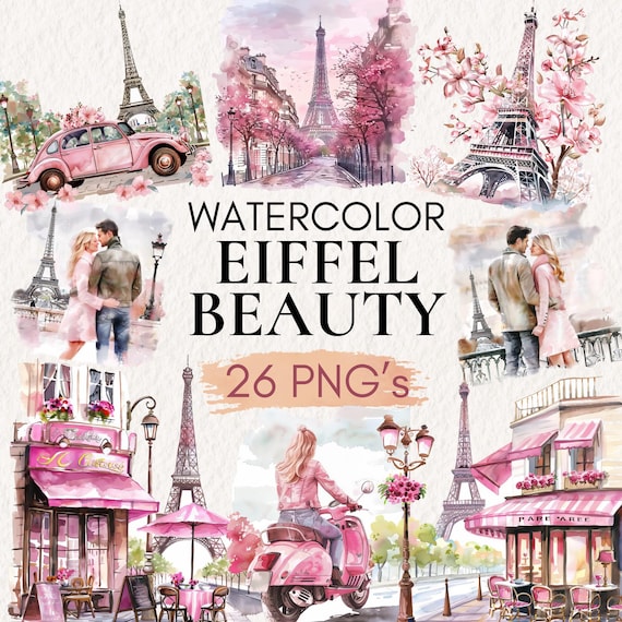 Watercolor Paris Clipart Bundle, Eiffel Tower Clip Art, Romantic Paris PNG, City of Love, French Chic, Parisian Art, Digital Planners