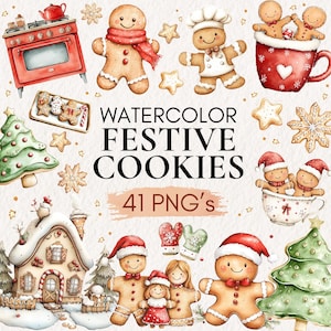 Op de afbeelding: Waterverfillustratie van feestelijke koekjes, waaronder peperkoeken poppetjes, kerstbomen en stervormige koekjes. De afbeelding toont een rode oven, een peperkoekenhuisje en de tekst "WATERCOLOR FESTIVE COOKIES 41 PNG's."