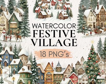 Watercolor Festive Village Clipart Bundle | Christmas Winter Town Houses PNG | Cozy Holiday Snow Village Art Set