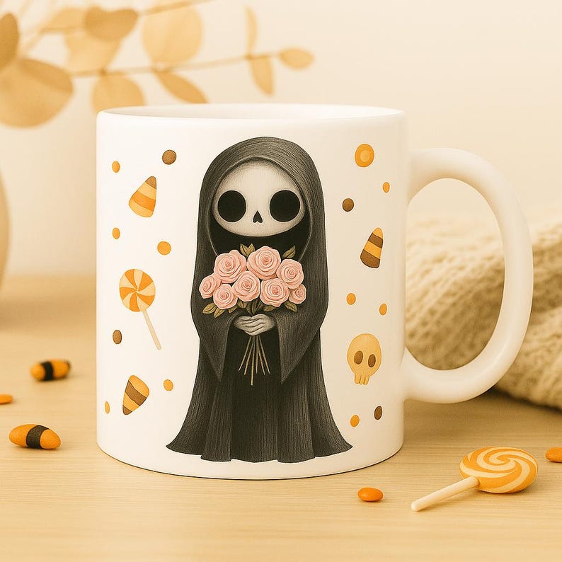 May include: White ceramic mug with a cartoon Grim Reaper holding pink roses. The design includes candy corn, lollipops, and a skull. The mug has a curved handle and is decorated with orange and brown accents, ideal for Halloween.