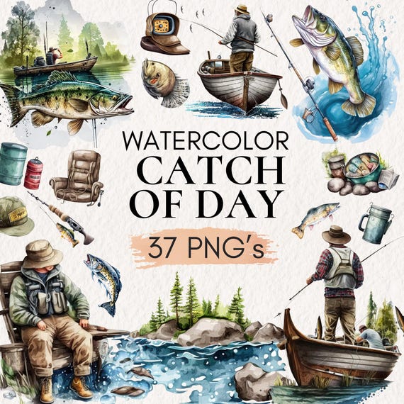 Watercolor Fishing Clipart | Lake Life PNG Graphics Set | Fisherman Rod Bait Tackle Box Illustration | Outdoor Adventure Trout Bass Design
