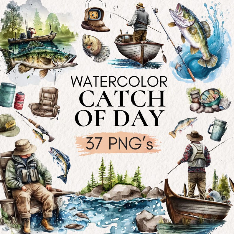 K&ouml;nnte beinhalten: Aquarell-Illustrationen mit Fischmotiven. Das Set enth&auml;lt verschiedene Bilder, wie Fische, Angelruten, Boote und Fischer. Der Text "Watercolor Catch of Day 37 PNG's" ist in der Mitte des Bildes zu sehen.