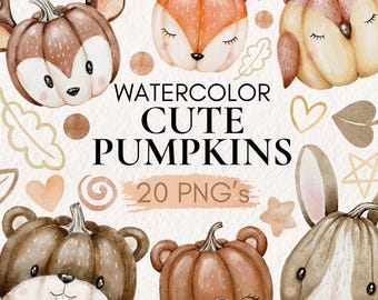 Calabazas de otoño en acuarela PNG, Animales de otoño en acuarela PNG, Halloween en acuarela, Animales lindos de otoño, Gráficos de Acción de Gracias
