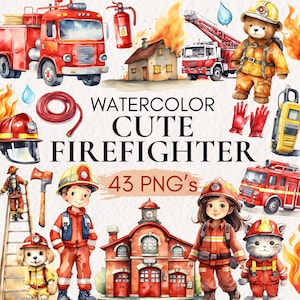 Puede incluir: Una colección de ilustraciones en acuarela con un camión de bomberos rojo, una estación, un oso de peluche, un gato y niños vestidos de bomberos, junto a equipo como manguera, hacha, casco y extintor, con el texto WATERCOLOR CUTE FIREFIGHTER 43 PNG's.