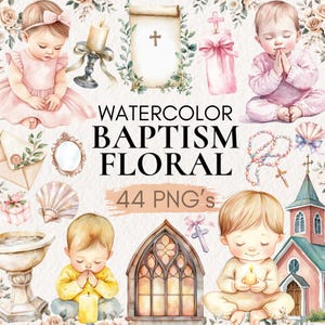 Op de afbeelding: Waterverfillustraties met een doopthema. De afbeelding bevat baby's, kaarsen, kruisen, een kerk en bloemstukken. Tekst luidt "Watercolor Baptism Floral" en "44 PNG's". Zachte pastelkleuren domineren het ontwerp.