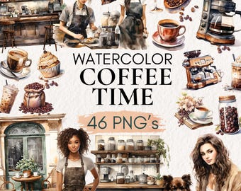 Watercolor Coffee Clipart Bundle, Coffee Lover PNG Stickers (Digital Download)