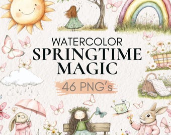 Watercolor Spring Clipart, Bunnies, Floral (46 PNG) (Digital Download)